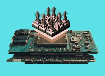 A graphic of transmission lines juxtaposed over a floating computer chip, on a turquoise background.