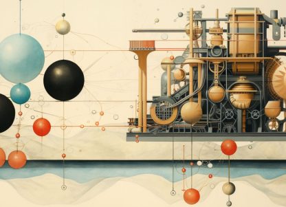 A rendering of an electrolyzer with a abstract molecules in the foreground