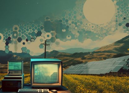 A computer in the foregrant, a hill with solar panels in the background